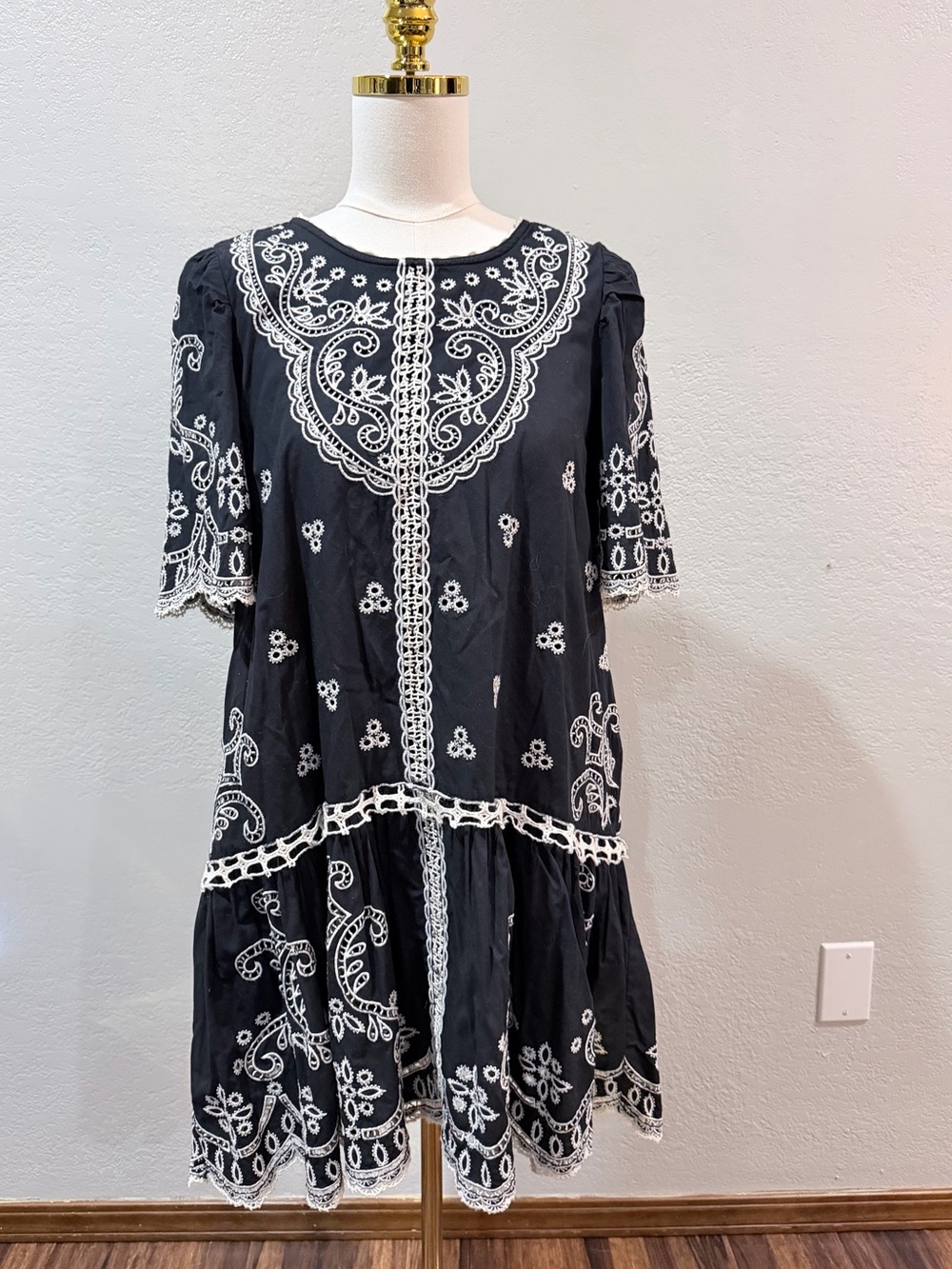 Maeve Black Bandana Style Mini Dress with White Embroidered Trim M